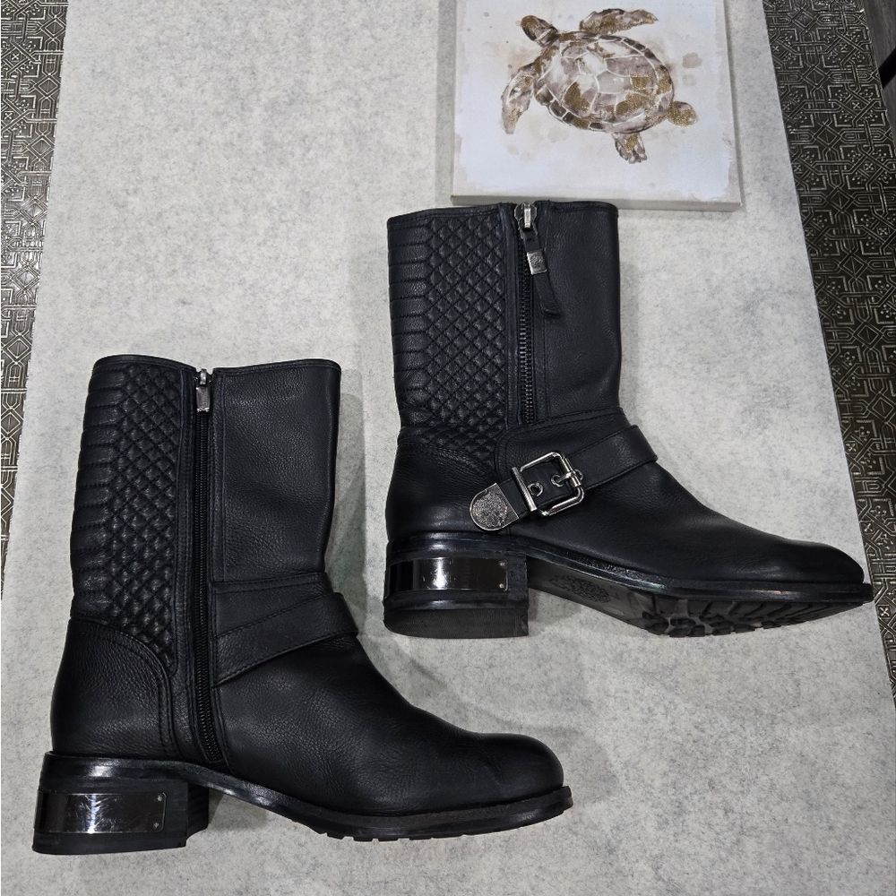 Vince Camuto Wynn Leather Moto Boots In Black With Black Chrome Size 9.5